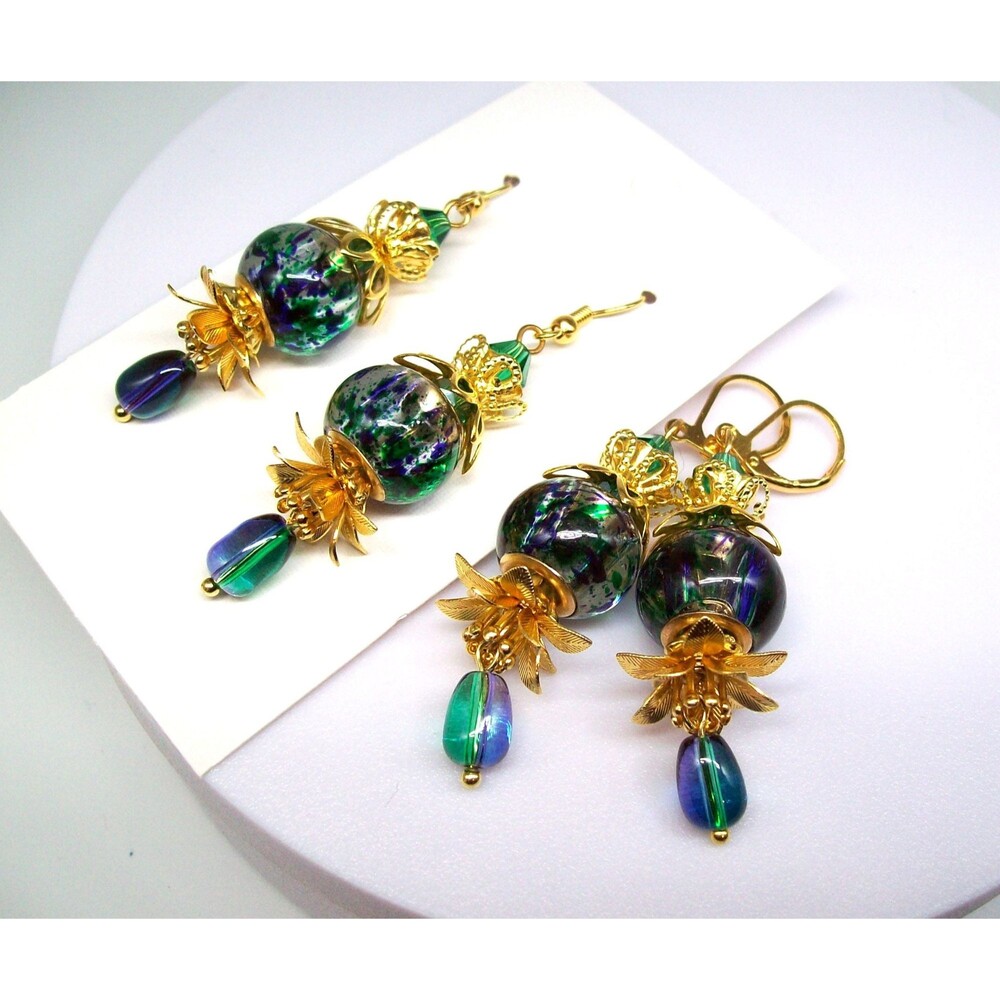 Lampwork Dangle Earrings, Gold, Jewelry Gifts for Her